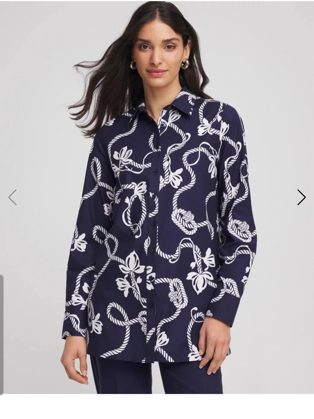 Chico's Navy and White Rope-Print Button Down Shirt No Wrinkle Size 2 Medium
